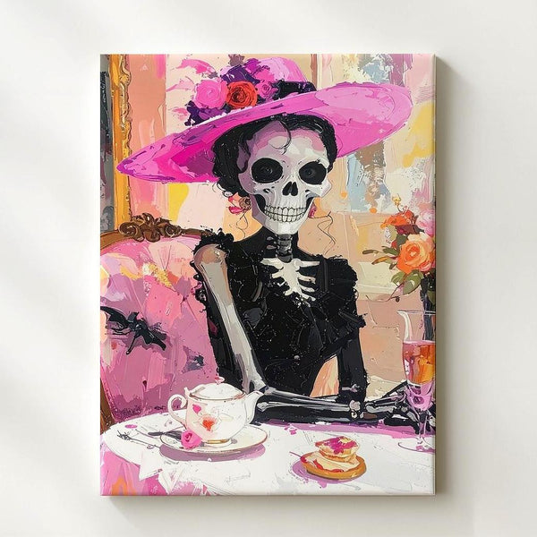 Elegant Skeleton Woman Canvas – Black Dress & Pink Hat Halloween Tea Art - Gifitto