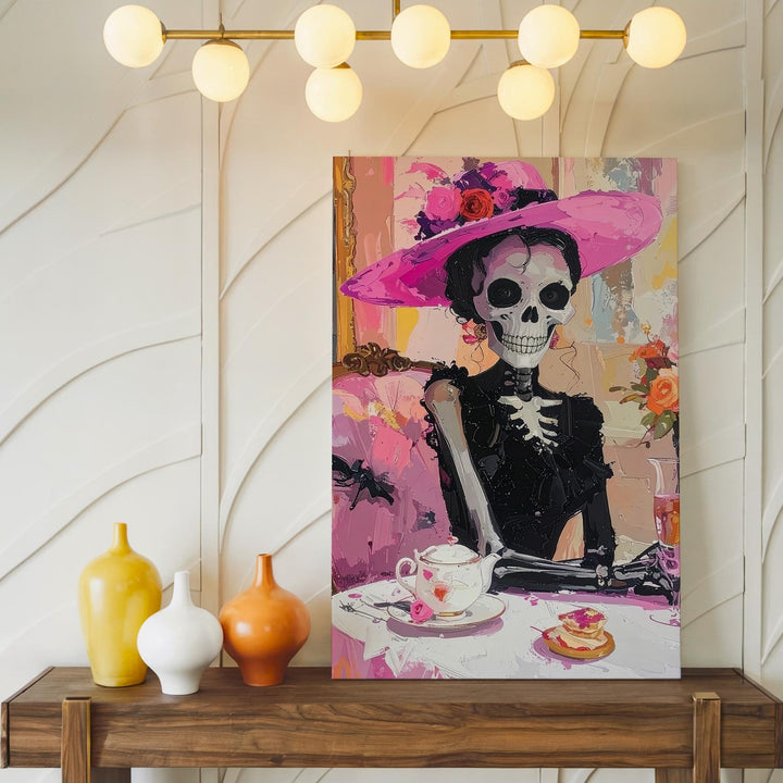 Elegant Skeleton Woman Canvas – Black Dress & Pink Hat Halloween Tea Art - Gifitto