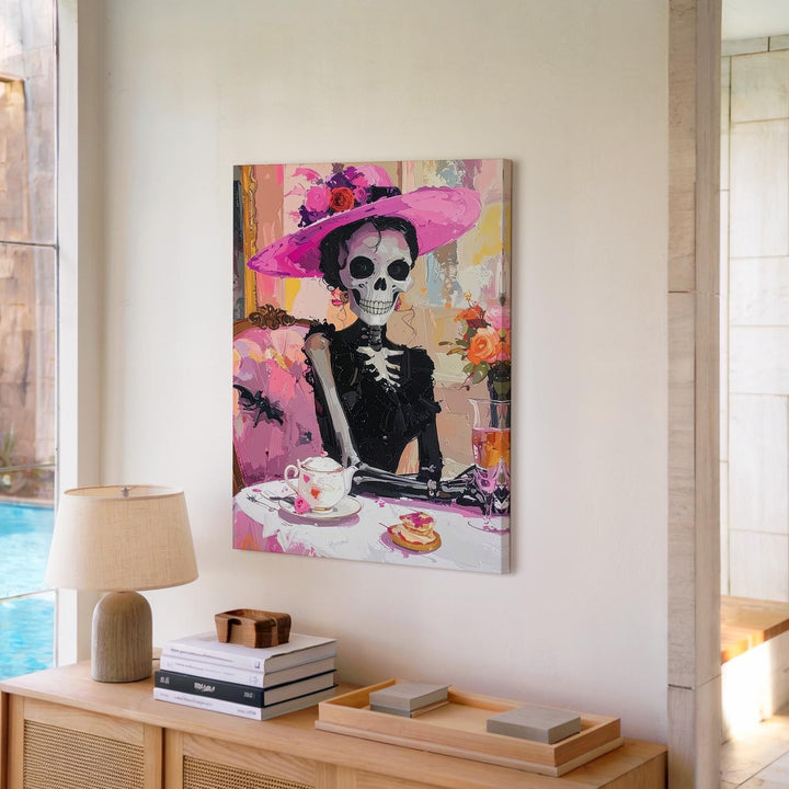 Elegant Skeleton Woman Canvas – Black Dress & Pink Hat Halloween Tea Art - Gifitto