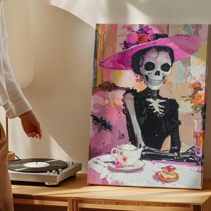 Elegant Skeleton Woman Canvas – Black Dress & Pink Hat Halloween Tea Art - Gifitto