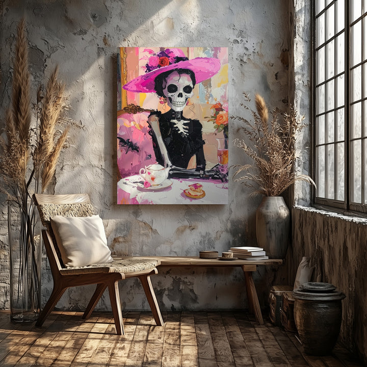 Elegant Skeleton Woman Canvas – Black Dress & Pink Hat Halloween Tea Art - Gifitto