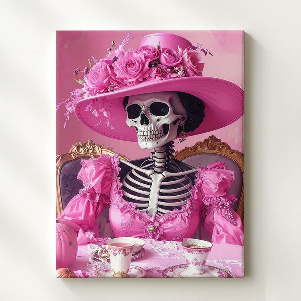 Hot Pink Skeleton Socialite Canvas – Sassy Halloween Tea Time Art - Gifitto