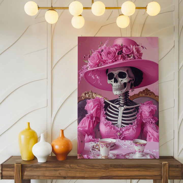 Hot Pink Skeleton Socialite Canvas – Sassy Halloween Tea Time Art - Gifitto
