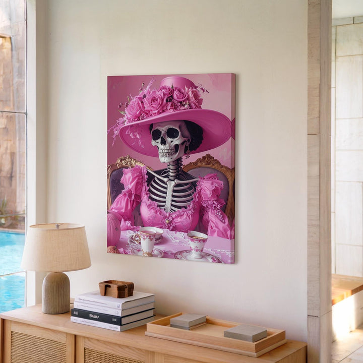 Hot Pink Skeleton Socialite Canvas – Sassy Halloween Tea Time Art - Gifitto