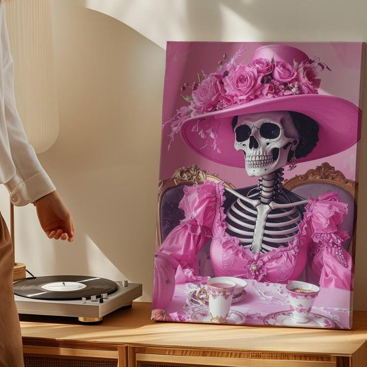 Hot Pink Skeleton Socialite Canvas – Sassy Halloween Tea Time Art - Gifitto