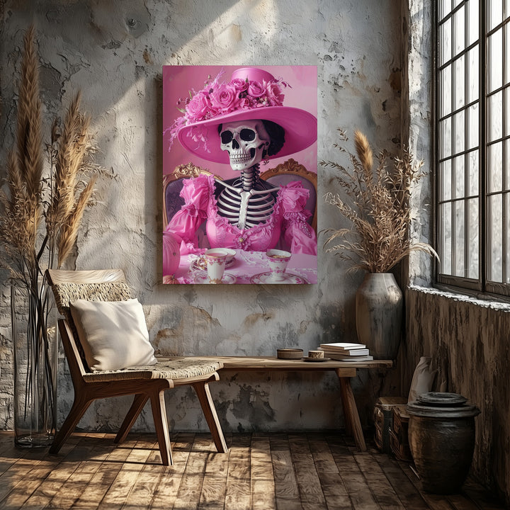 Hot Pink Skeleton Socialite Canvas – Sassy Halloween Tea Time Art - Gifitto