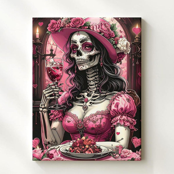 Opulent Skeleton Dinner Canvas – Pink Dress Halloween Art with Chandelier Glow - Gifitto