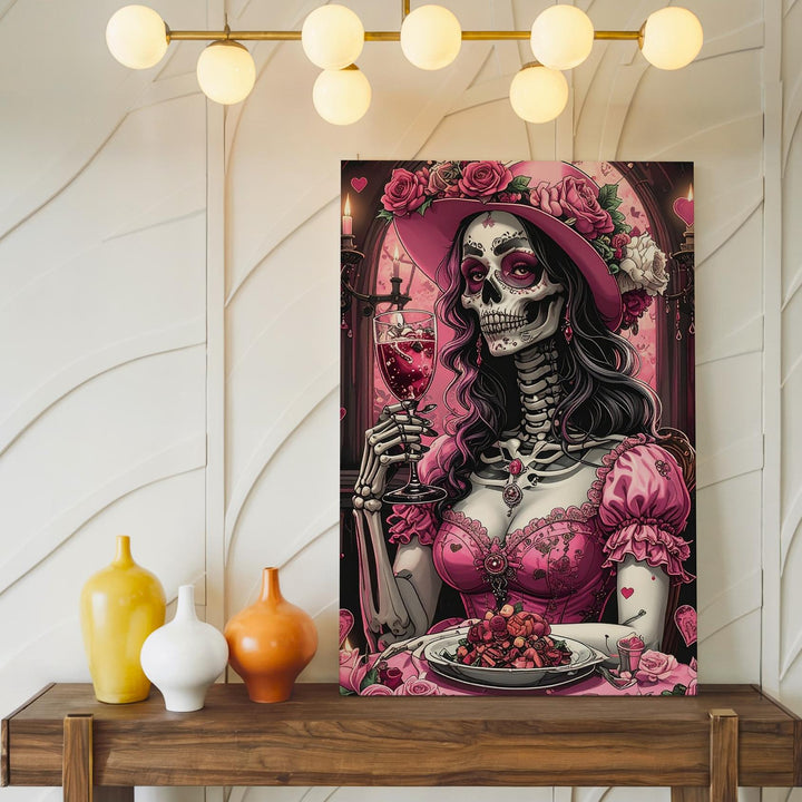 Opulent Skeleton Dinner Canvas – Pink Dress Halloween Art with Chandelier Glow - Gifitto