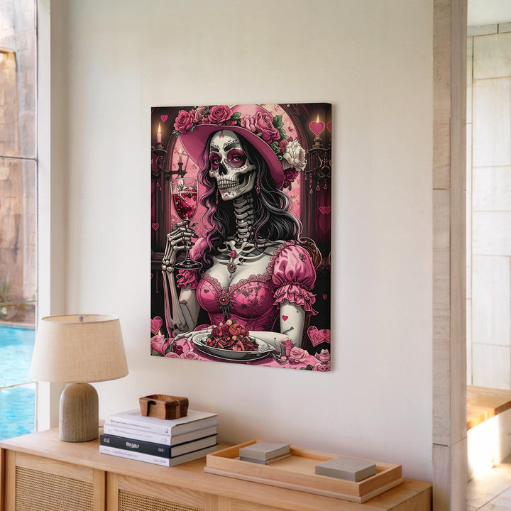 Opulent Skeleton Dinner Canvas – Pink Dress Halloween Art with Chandelier Glow - Gifitto