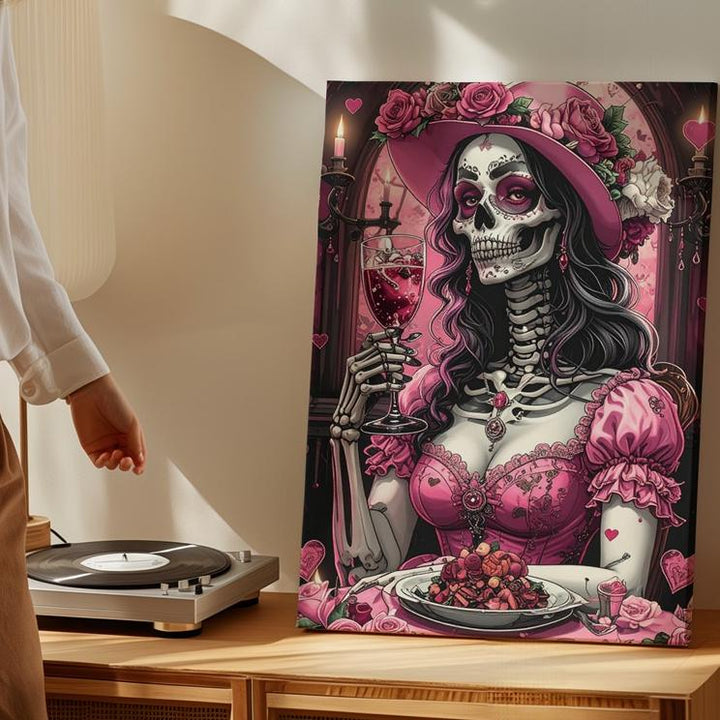 Opulent Skeleton Dinner Canvas – Pink Dress Halloween Art with Chandelier Glow - Gifitto