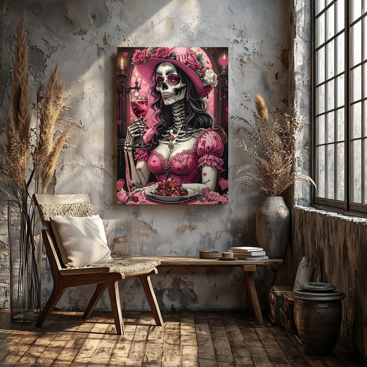 Opulent Skeleton Dinner Canvas – Pink Dress Halloween Art with Chandelier Glow - Gifitto