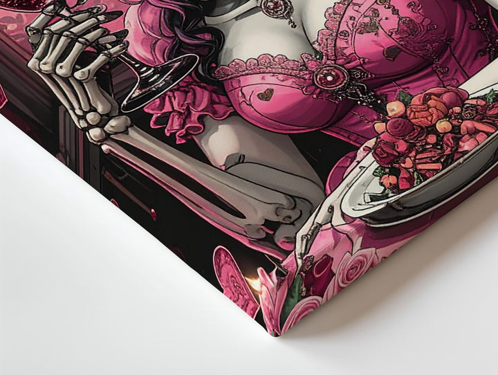 Opulent Skeleton Dinner Canvas – Pink Dress Halloween Art with Chandelier Glow - Gifitto