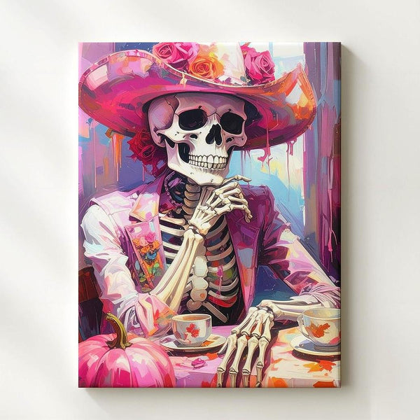 Gothic Skeleton Tea Portrait Canvas – Rose Crown Halloween Art - Gifitto