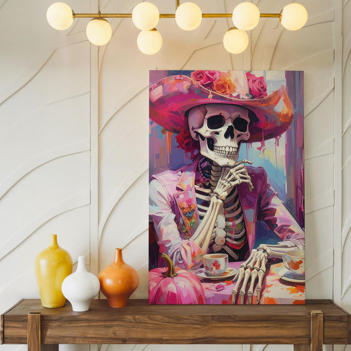 Gothic Skeleton Tea Portrait Canvas – Rose Crown Halloween Art - Gifitto