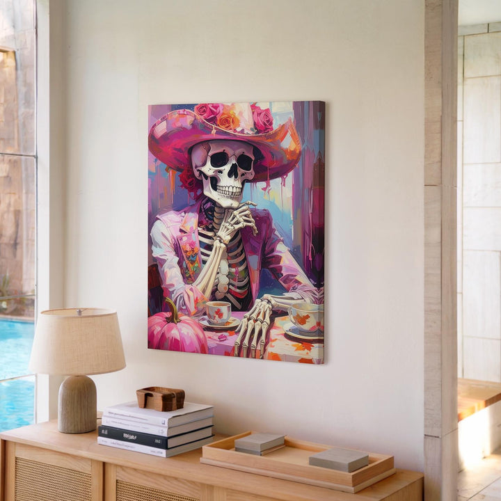 Gothic Skeleton Tea Portrait Canvas – Rose Crown Halloween Art - Gifitto