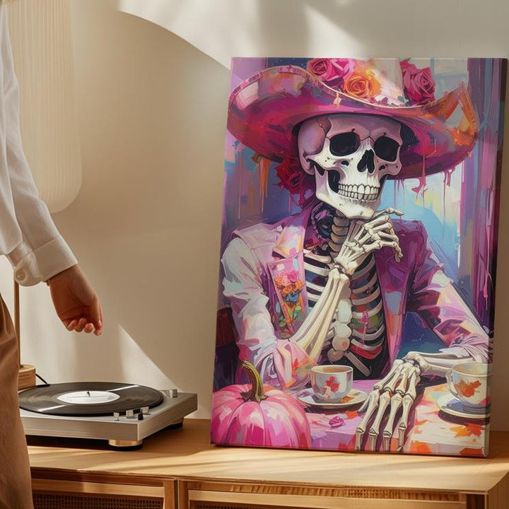 Gothic Skeleton Tea Portrait Canvas – Rose Crown Halloween Art - Gifitto