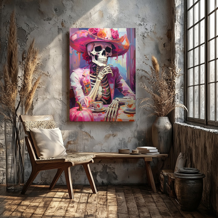 Gothic Skeleton Tea Portrait Canvas – Rose Crown Halloween Art - Gifitto