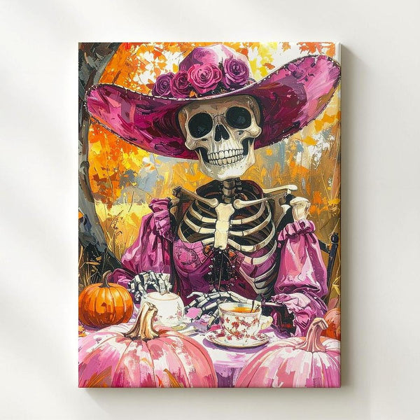 Gothic Skeleton Tea Party Canvas – Pink Outdoor Halloween Picnic Art - Gifitto