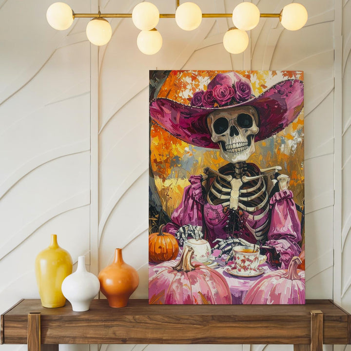 Gothic Skeleton Tea Party Canvas – Pink Outdoor Halloween Picnic Art - Gifitto