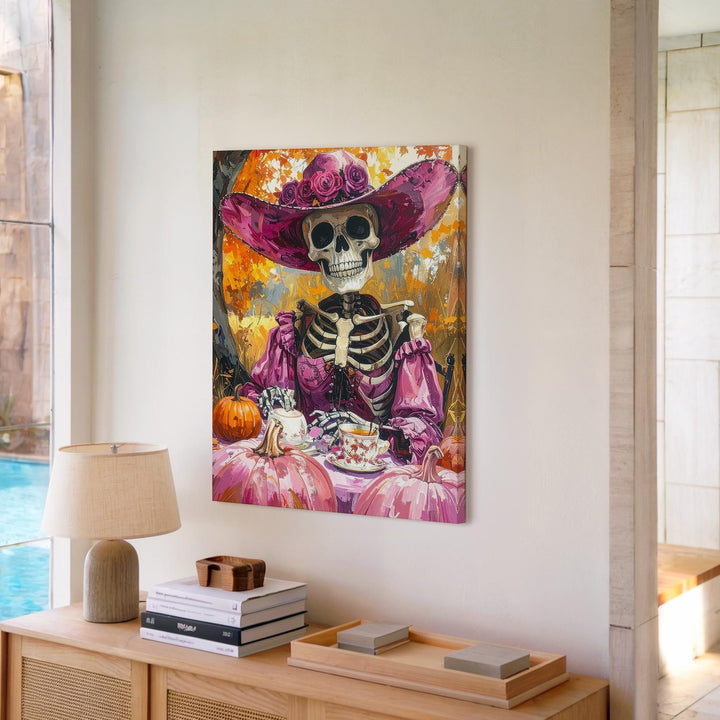 Gothic Skeleton Tea Party Canvas – Pink Outdoor Halloween Picnic Art - Gifitto