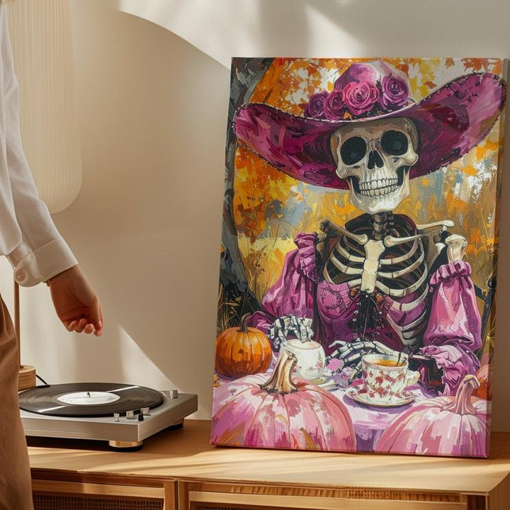 Gothic Skeleton Tea Party Canvas – Pink Outdoor Halloween Picnic Art - Gifitto