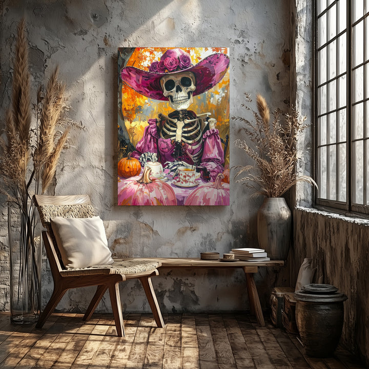 Gothic Skeleton Tea Party Canvas – Pink Outdoor Halloween Picnic Art - Gifitto