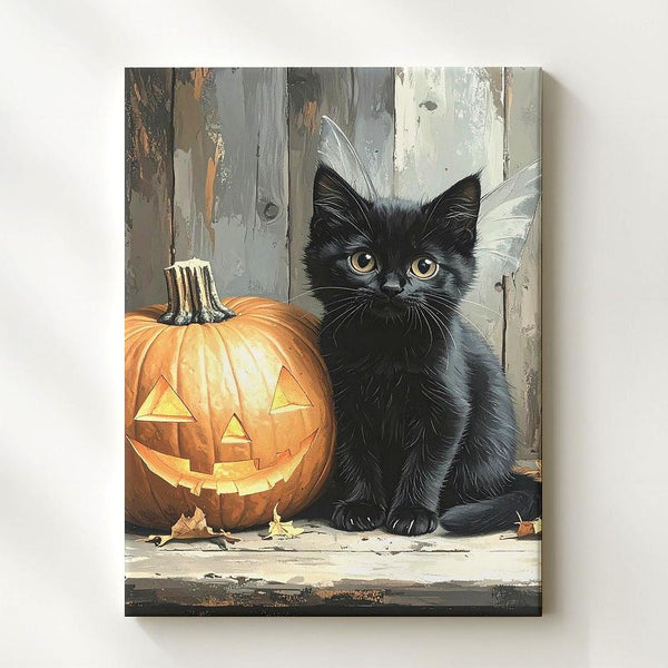 Black Kitten & Jack-o'-Lantern Canvas – Cozy Halloween Tabletop Scene - Gifitto