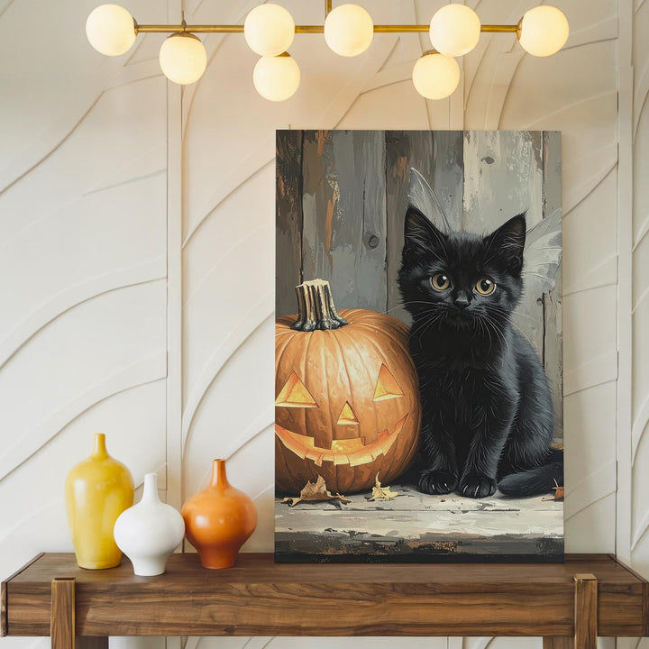 Black Kitten & Jack-o'-Lantern Canvas – Cozy Halloween Tabletop Scene - Gifitto