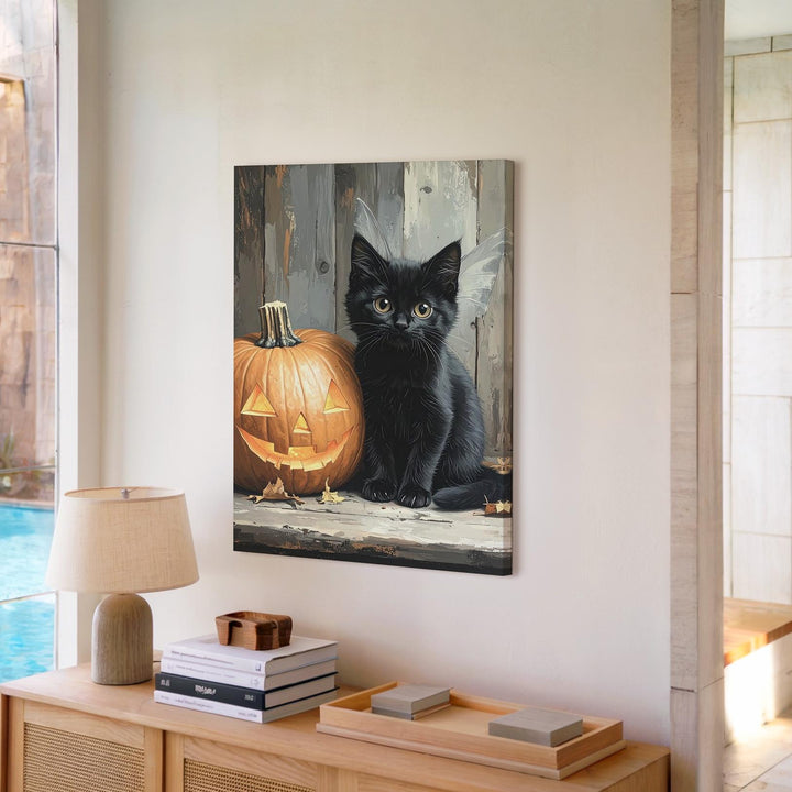 Black Kitten & Jack-o'-Lantern Canvas – Cozy Halloween Tabletop Scene - Gifitto