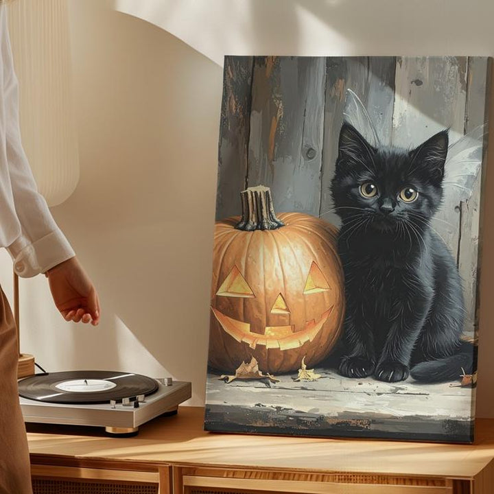 Black Kitten & Jack-o'-Lantern Canvas – Cozy Halloween Tabletop Scene - Gifitto