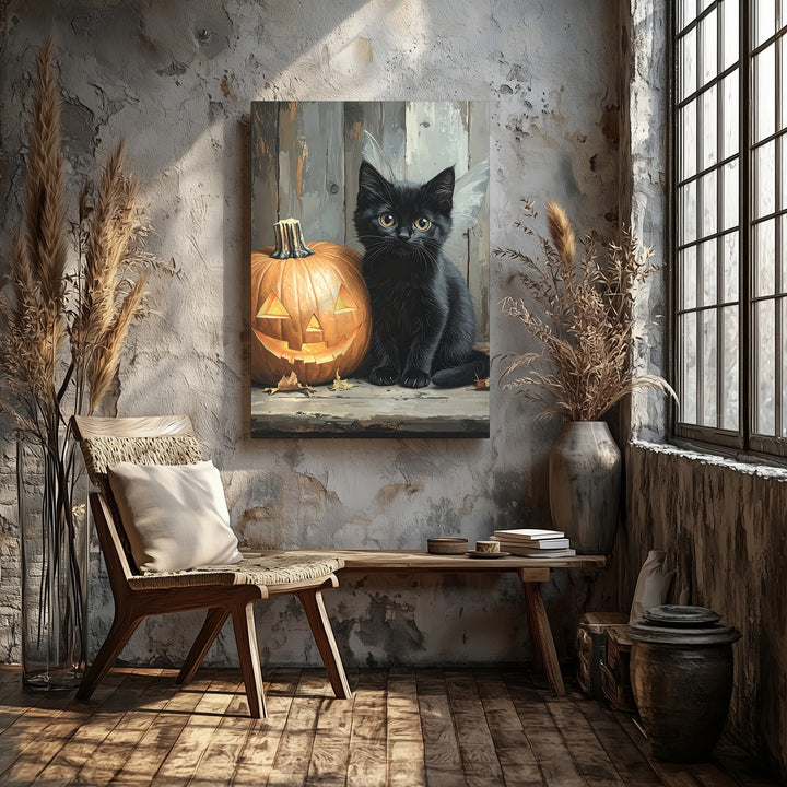 Black Kitten & Jack-o'-Lantern Canvas – Cozy Halloween Tabletop Scene - Gifitto