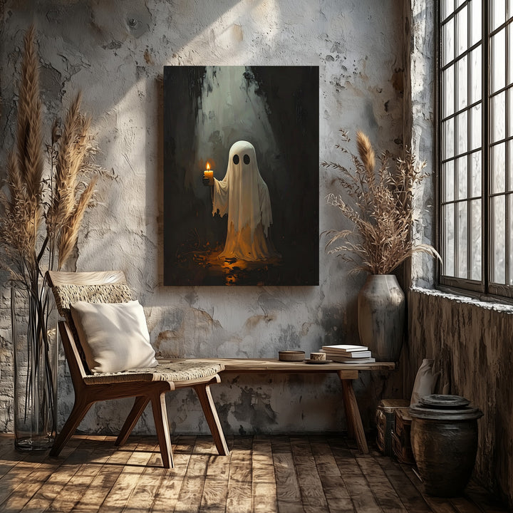 Candlelit Ghost Canvas – Intimate Halloween Glow in Darkness Wall Art - Gifitto