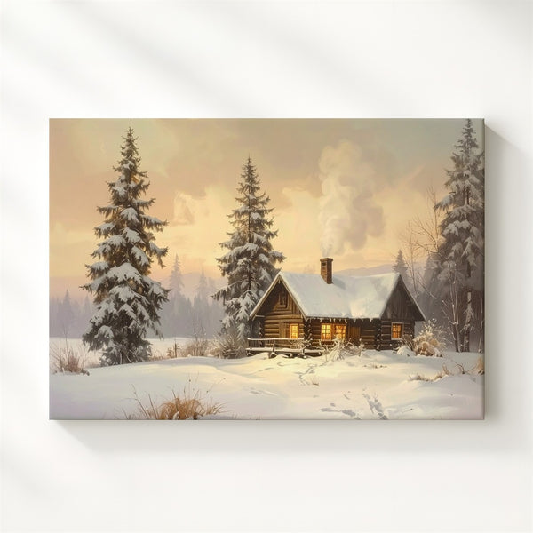 Cozy Log Cabin Canvas – Serene Winter Twilight Retreat Art - Gifitto