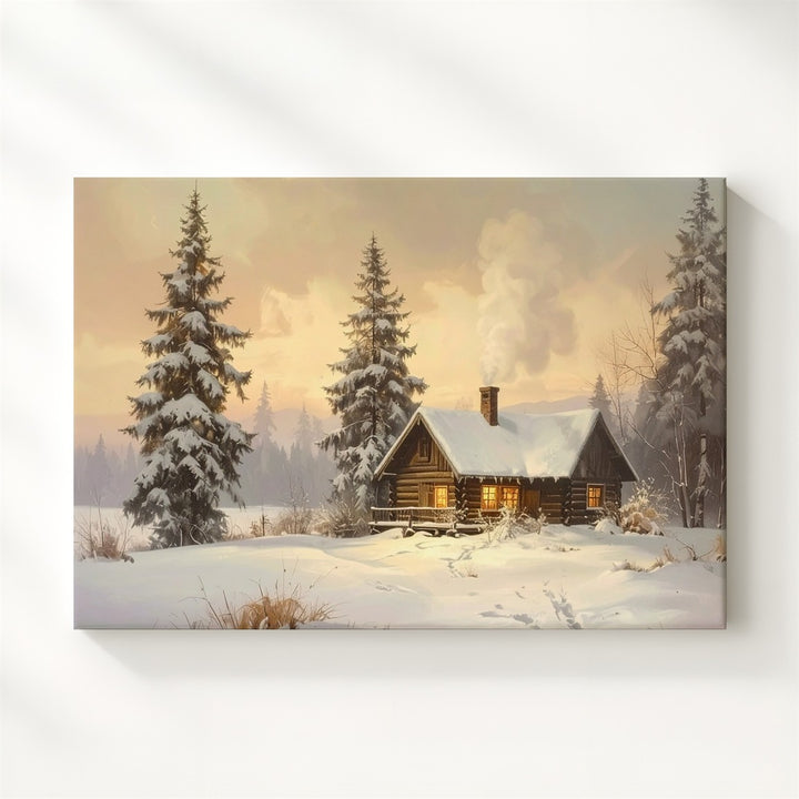 Cozy Log Cabin Canvas – Serene Winter Twilight Retreat Art - Gifitto