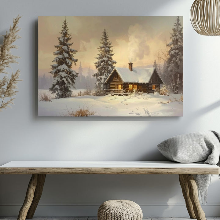 Cozy Log Cabin Canvas – Serene Winter Twilight Retreat Art - Gifitto
