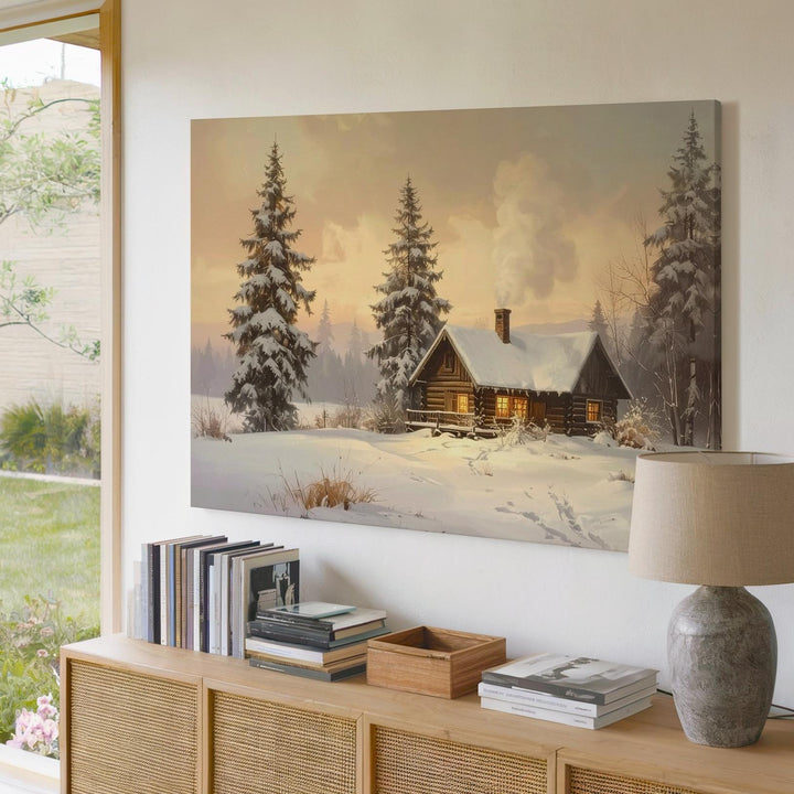 Cozy Log Cabin Canvas – Serene Winter Twilight Retreat Art - Gifitto