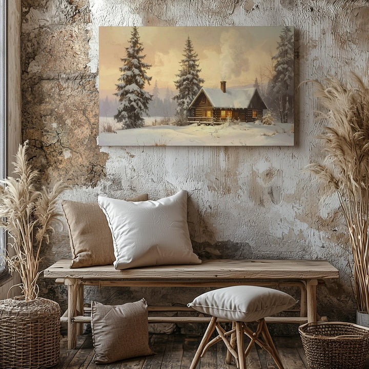 Cozy Log Cabin Canvas – Serene Winter Twilight Retreat Art - Gifitto