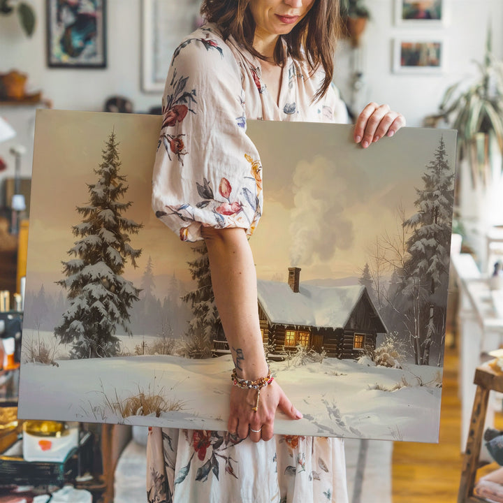 Cozy Log Cabin Canvas – Serene Winter Twilight Retreat Art - Gifitto