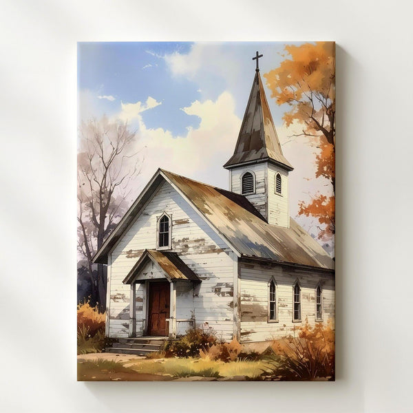 Rustic Country Church Canvas – Minimalist White Chapel with Autumn Warmth - Gifitto