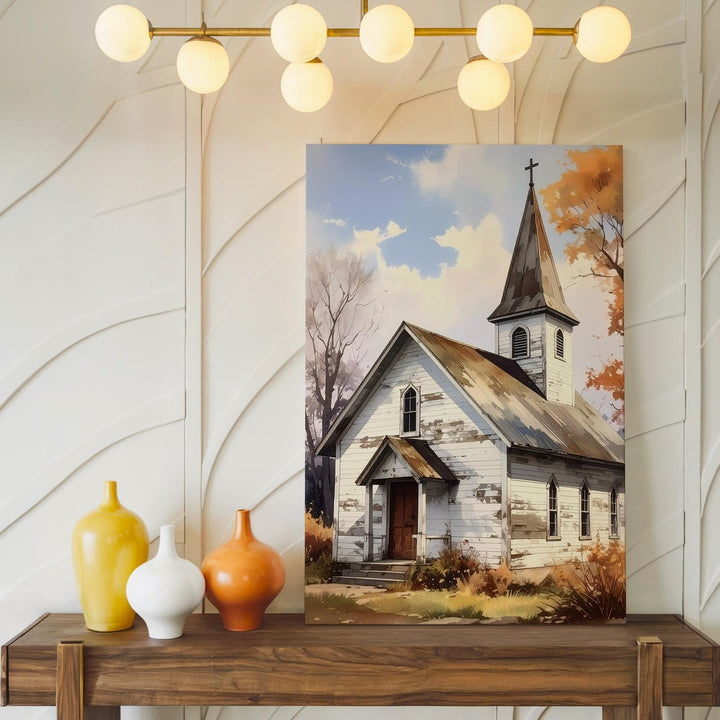 Rustic Country Church Canvas – Minimalist White Chapel with Autumn Warmth - Gifitto