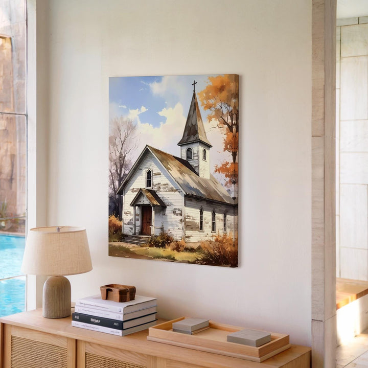 Rustic Country Church Canvas – Minimalist White Chapel with Autumn Warmth - Gifitto