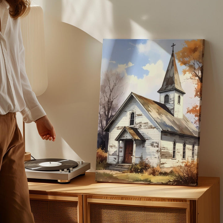 Rustic Country Church Canvas – Minimalist White Chapel with Autumn Warmth - Gifitto