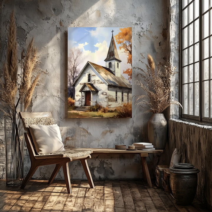Rustic Country Church Canvas – Minimalist White Chapel with Autumn Warmth - Gifitto