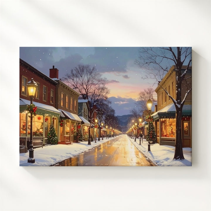 Christmas Small Town Canvas – Festive Main Street at Dusk - Gifitto