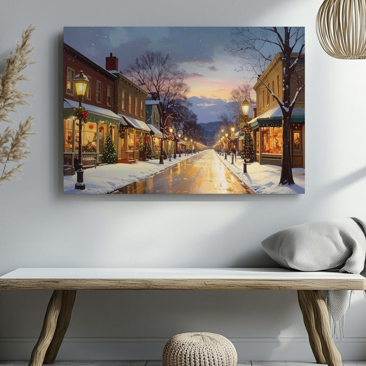 Christmas Small Town Canvas – Festive Main Street at Dusk - Gifitto