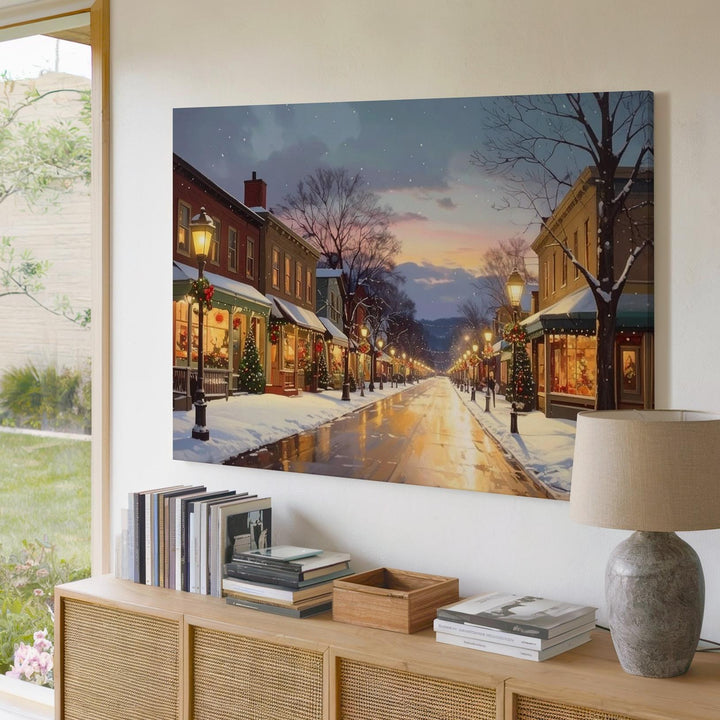 Christmas Small Town Canvas – Festive Main Street at Dusk - Gifitto