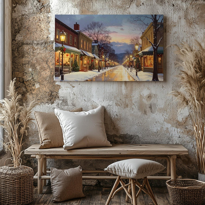 Christmas Small Town Canvas – Festive Main Street at Dusk - Gifitto