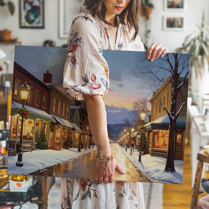 Christmas Small Town Canvas – Festive Main Street at Dusk - Gifitto