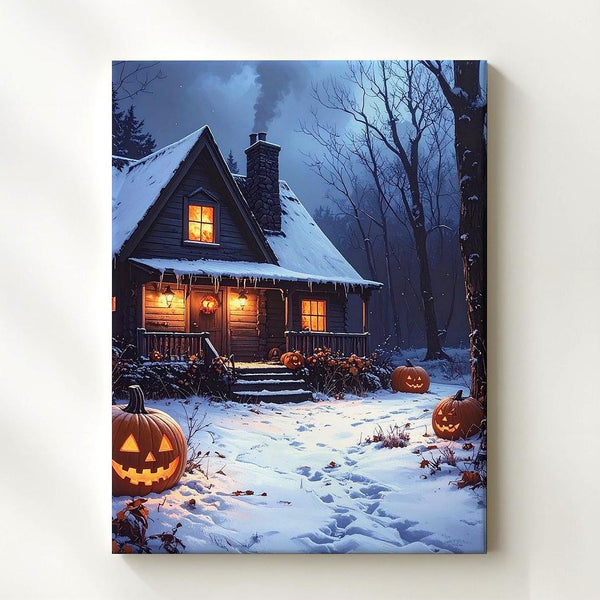 Snowy Halloween Cottage Canvas – Glowing Pumpkins in Winter Forest Scene - Gifitto