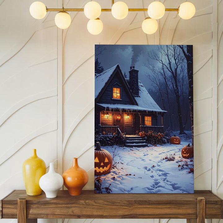 Snowy Halloween Cottage Canvas – Glowing Pumpkins in Winter Forest Scene - Gifitto